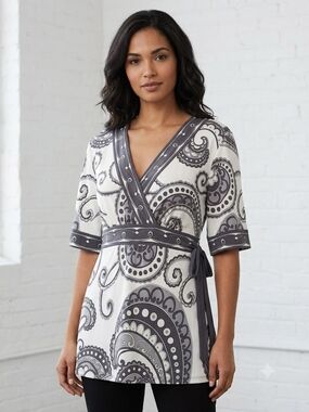 Venezia White and Gray Paisley Wrap Blouse